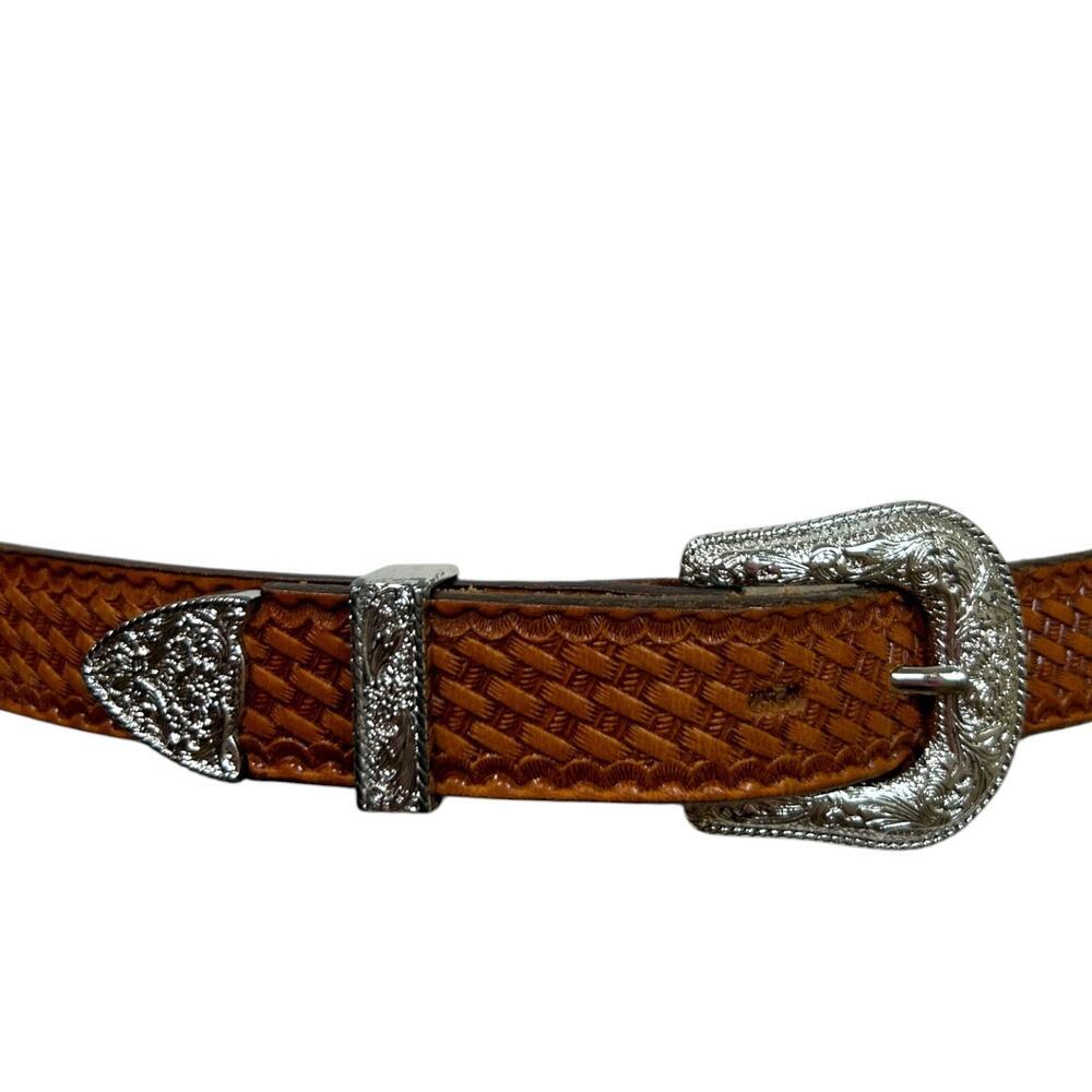 Nocona Men's Western Statement Leather Belt, Tooled Basketweave Brown, Size 30 - Picture 4 of 10